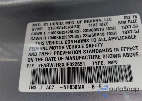 2018 Honda Cr-V Ex-L/Ex-L Navi из США, поврежденный, VIN 7FARW1H8XJE022651